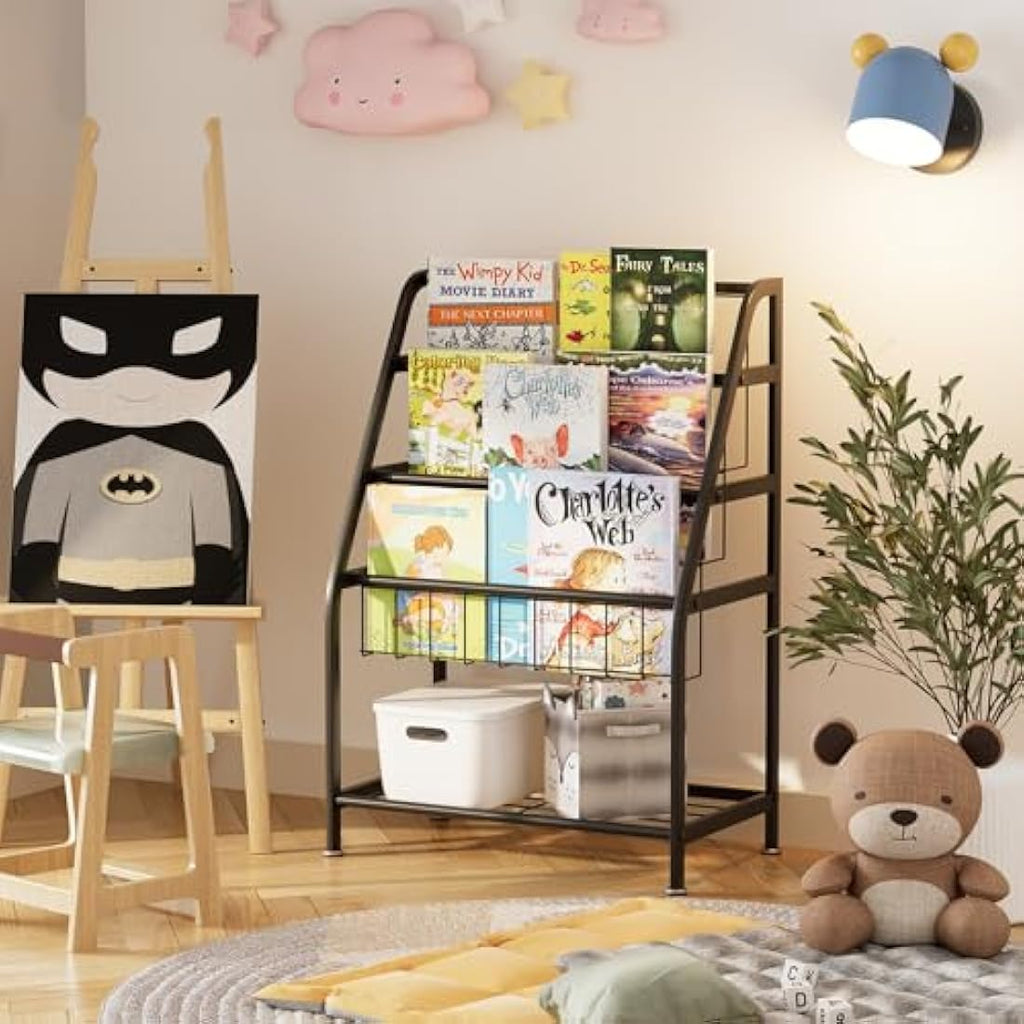 Huhote Kids Bookshelf – Metal Book and Toy Storage Organizer, Black