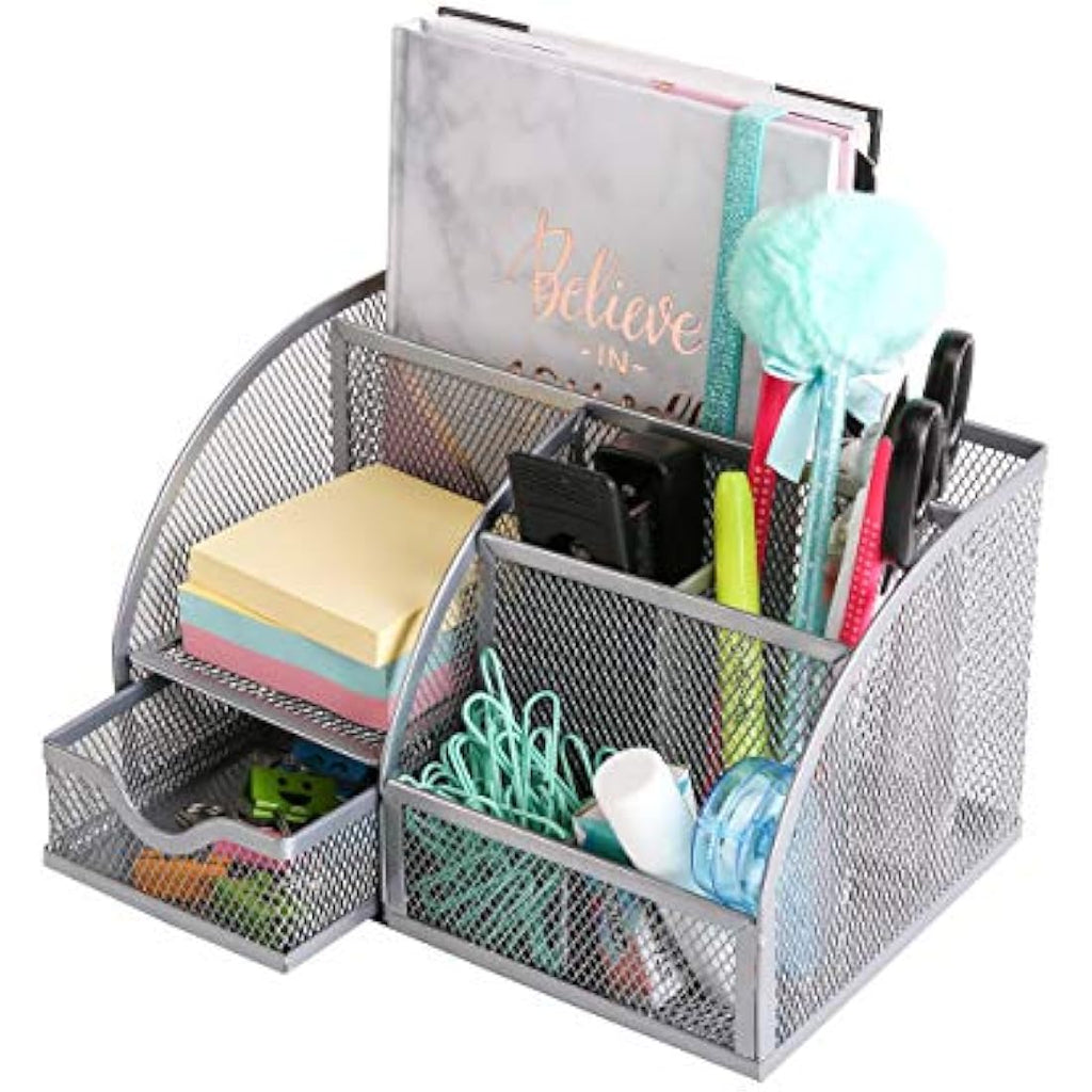 Exerz Mesh Desk Organiser – 7 Compartment Metal Pen Holder, Silver Grey