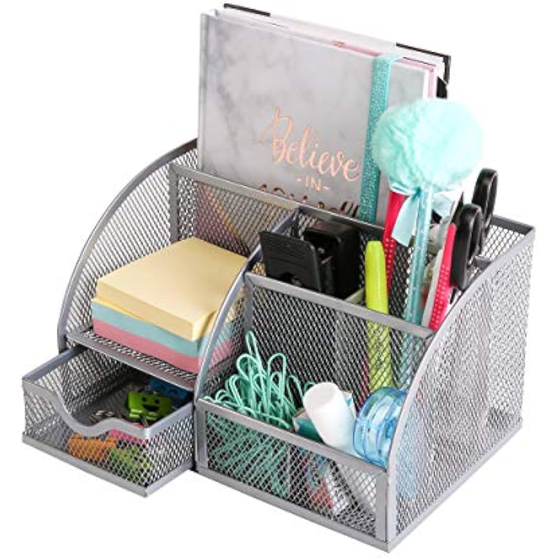 Exerz Mesh Desk Organiser – 7 Compartment Metal Pen Holder, Silver Grey
