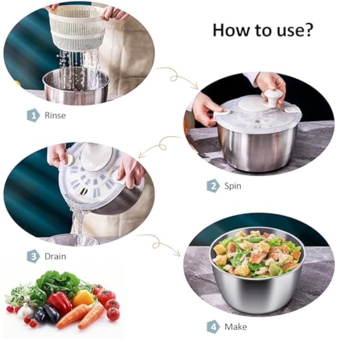 Jolof Store Stainless Steel Salad Spinner | 5 Qt Lettuce Dryer & Washer