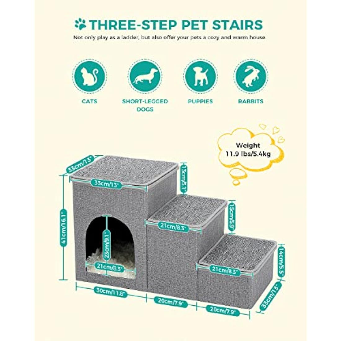 PETEPELA 3-Step Foldable Dog Stairs with Storage for High Bed – Grey