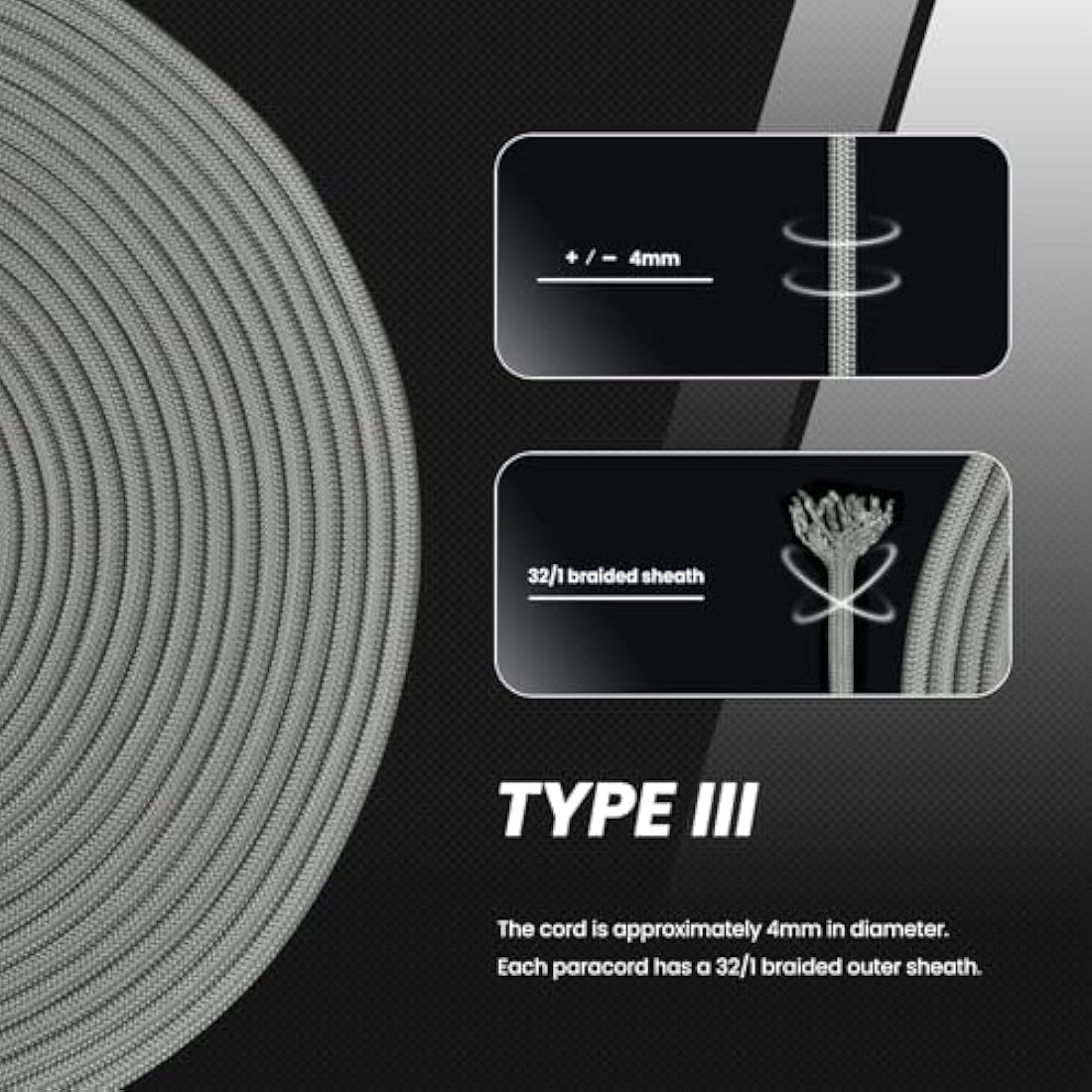 Abma Cord 4mm Type III Nylon Paracord – 9 Strands, 100m Rope (Grey)