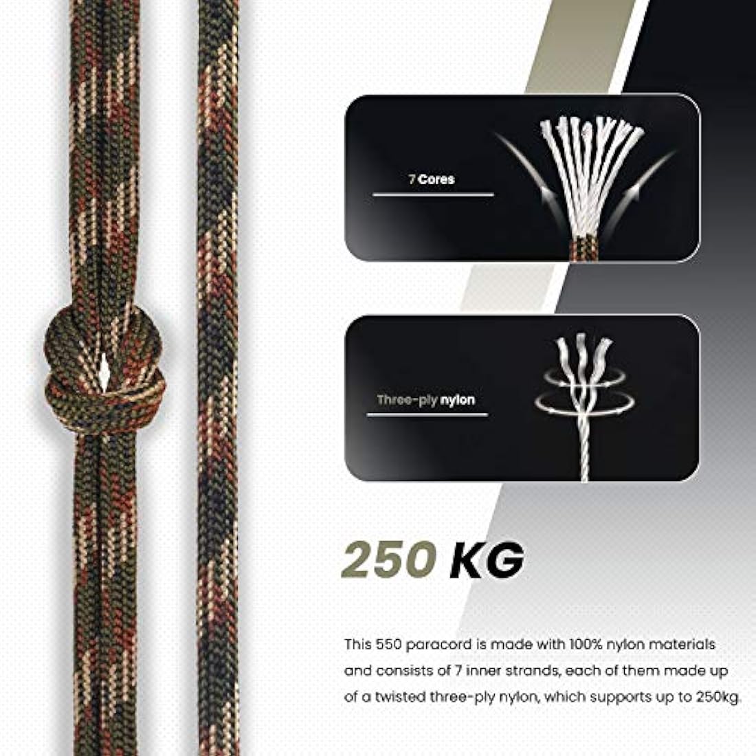 Abma Cord 550 Paracord – 100m Nylon Type III 7 Strand Rope, Forest Camo