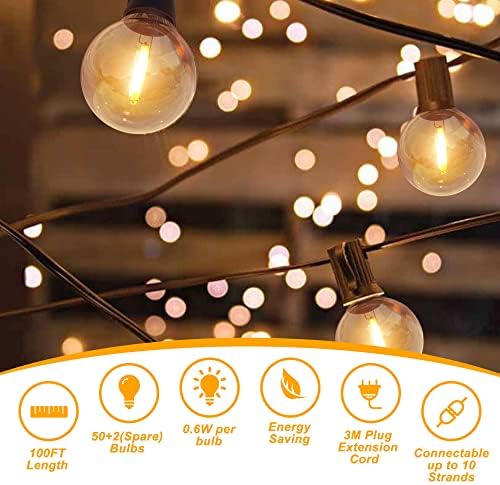 DSLebeen 100ft LED Festoon Lights | 50+2 Shatterproof G40 Bulbs | 2700K