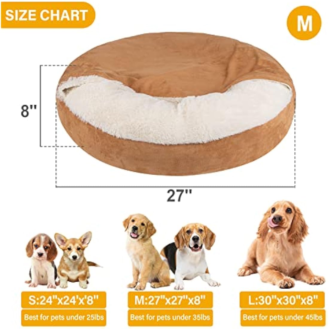 MICOOYO Hooded Donut Dog Bed – Cozy Faux Fur Calming Cave Bed, Wheat
