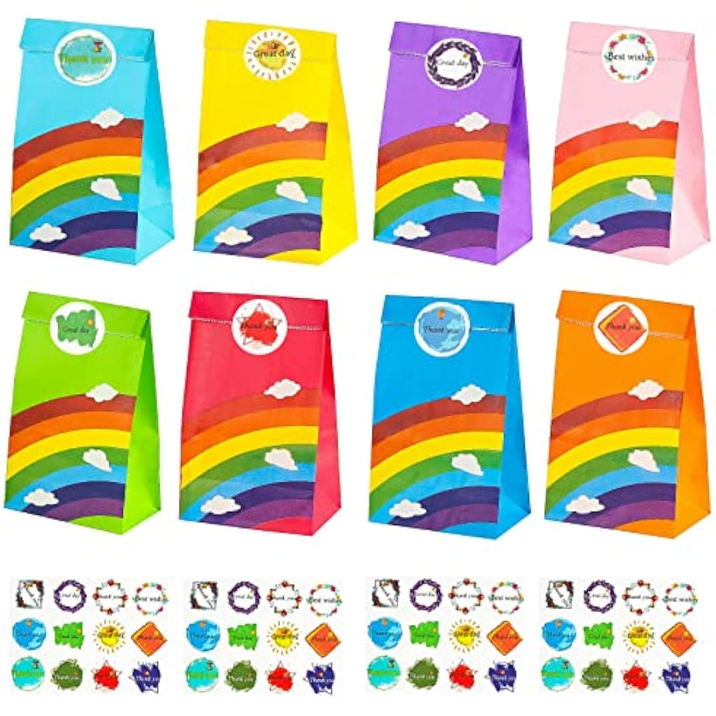 TOOELMON Rainbow Paper Party Bags – 40 Pcs Kraft Goodie Bags with Stickers
