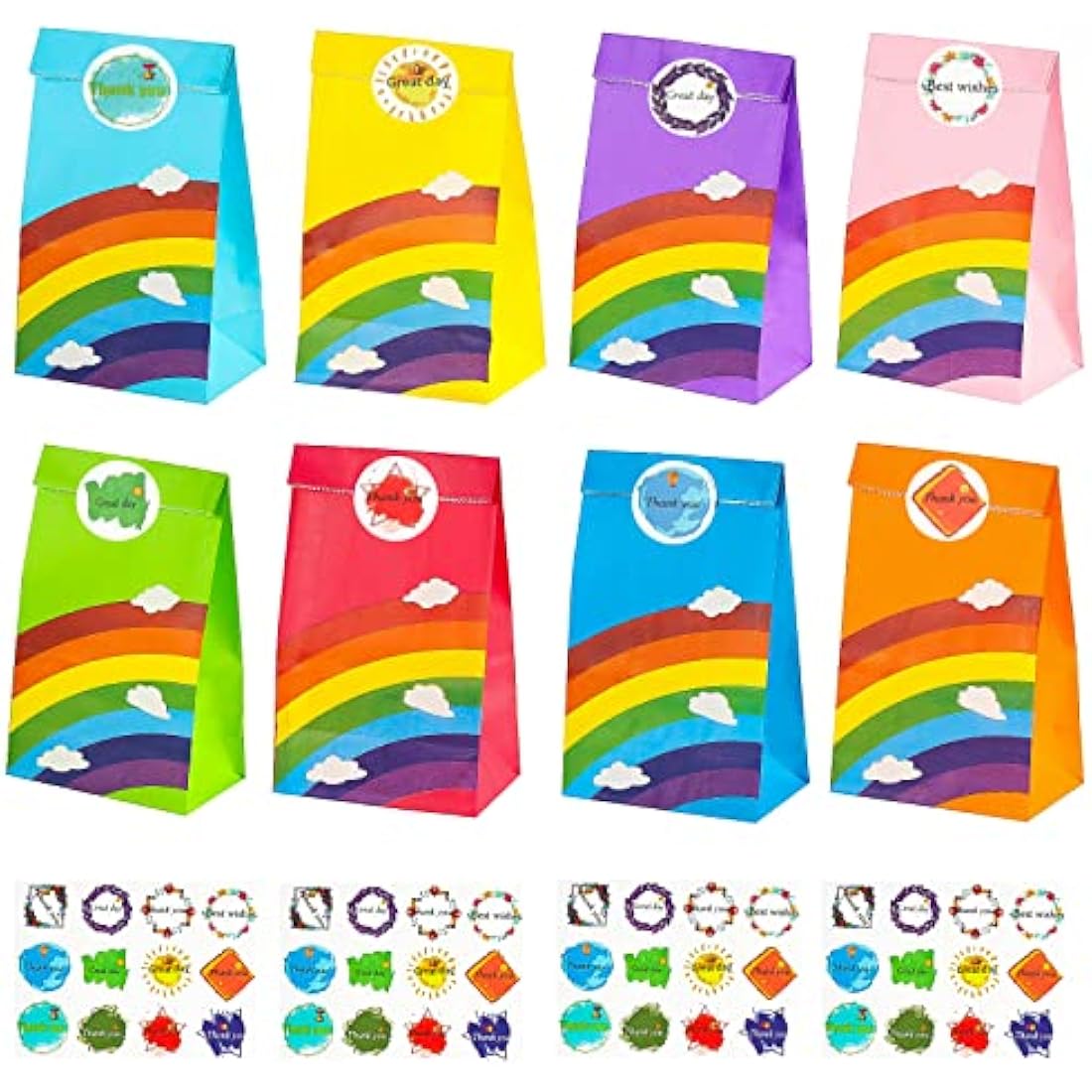TOOELMON Rainbow Paper Party Bags – 40 Pcs Kraft Goodie Bags with Stickers