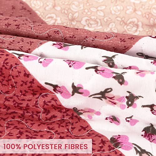 Qucover Super King Patchwork Quilted Bedspread - Red Floral Microfiber Set