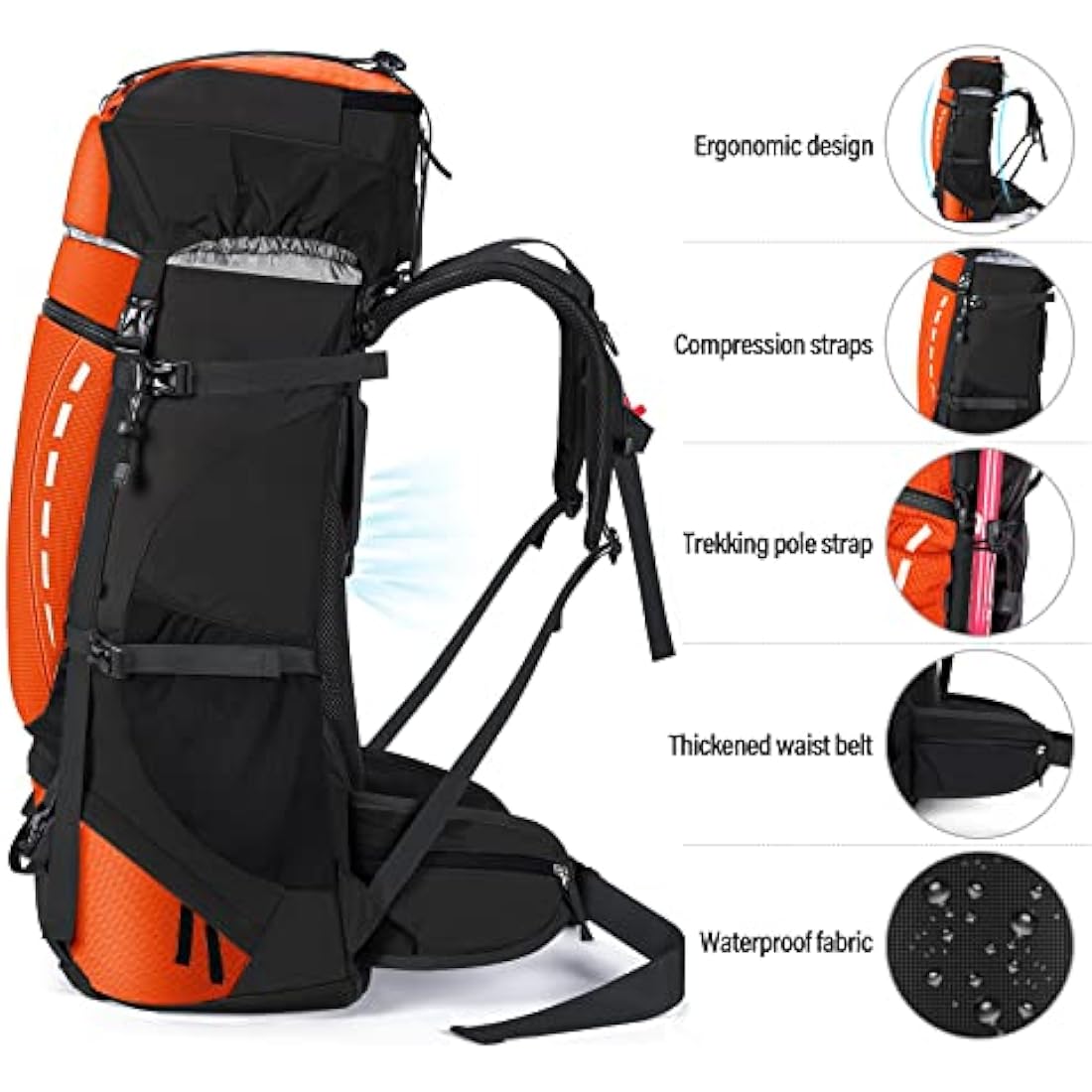 HOMIEE 60L Hiking Backpack | Waterproof Travel Rucksack with Rain Cover