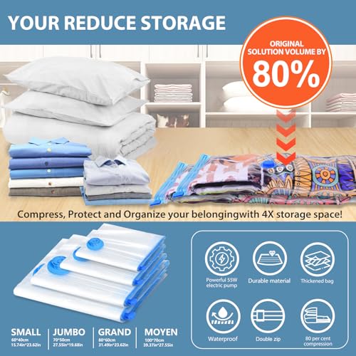 Kissleaf 15-Pack Vacuum Storage Bags with Electric Pump | 5 Mixed Sizes