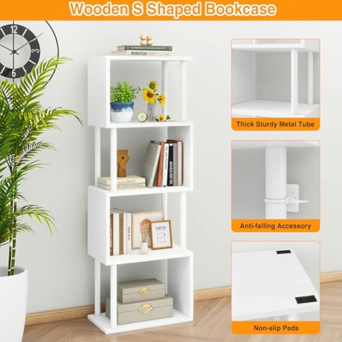 5-Tier S-Shaped Geometric Bookshelf | Modern Wood Display Shelf