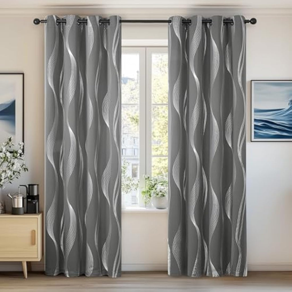 Deconovo Wave Foil Blackout Curtains – Thermal Insulated Grey 2 Panels