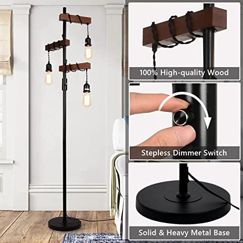Rayofly Industrial Dimmable 3-Light Tree Floor Lamp – Wood & Metal
