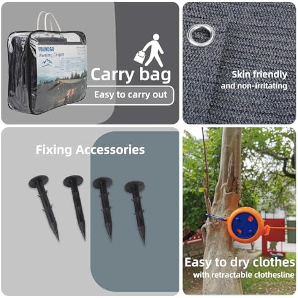 FoundGo Awning Carpet | Breathable HDPE Camping Mat with Pegs & Bag