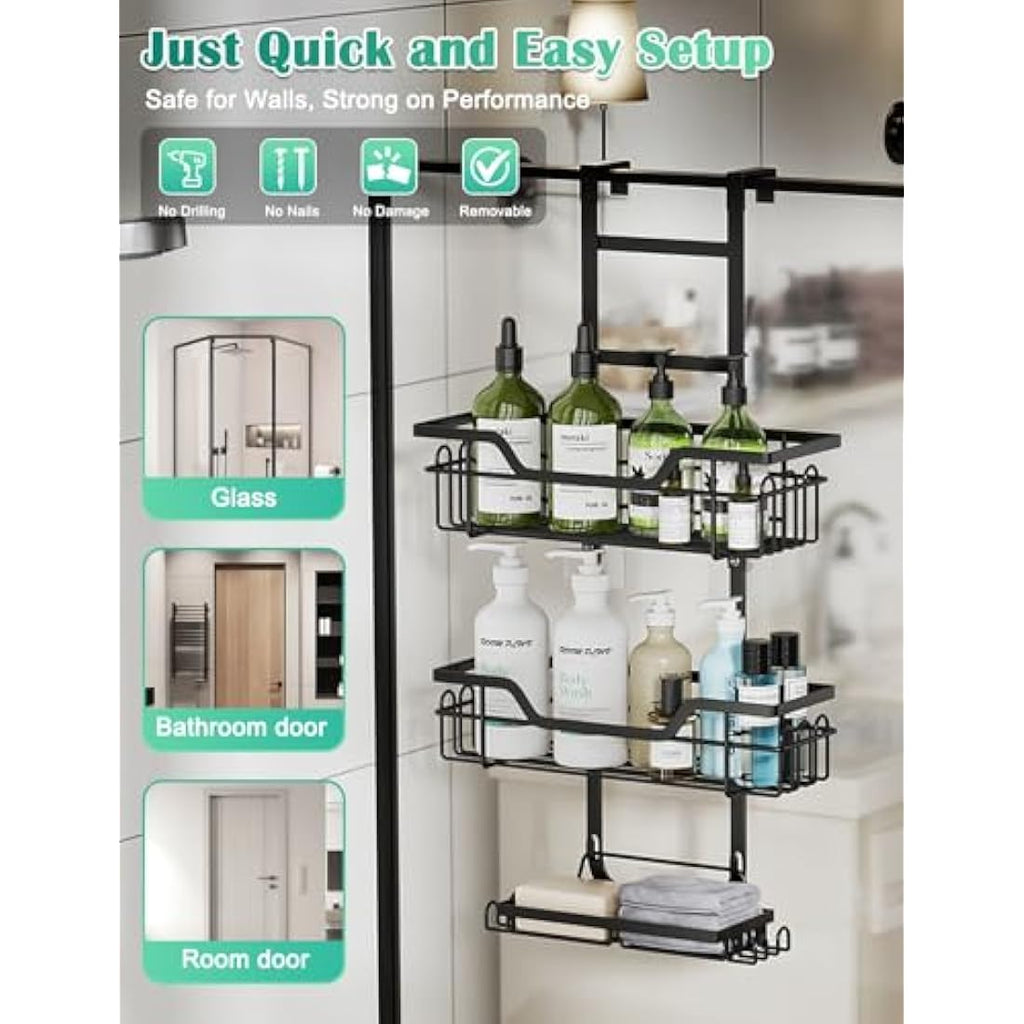 3-Tier Over Door Shower Caddy – Black Stainless Steel Rack