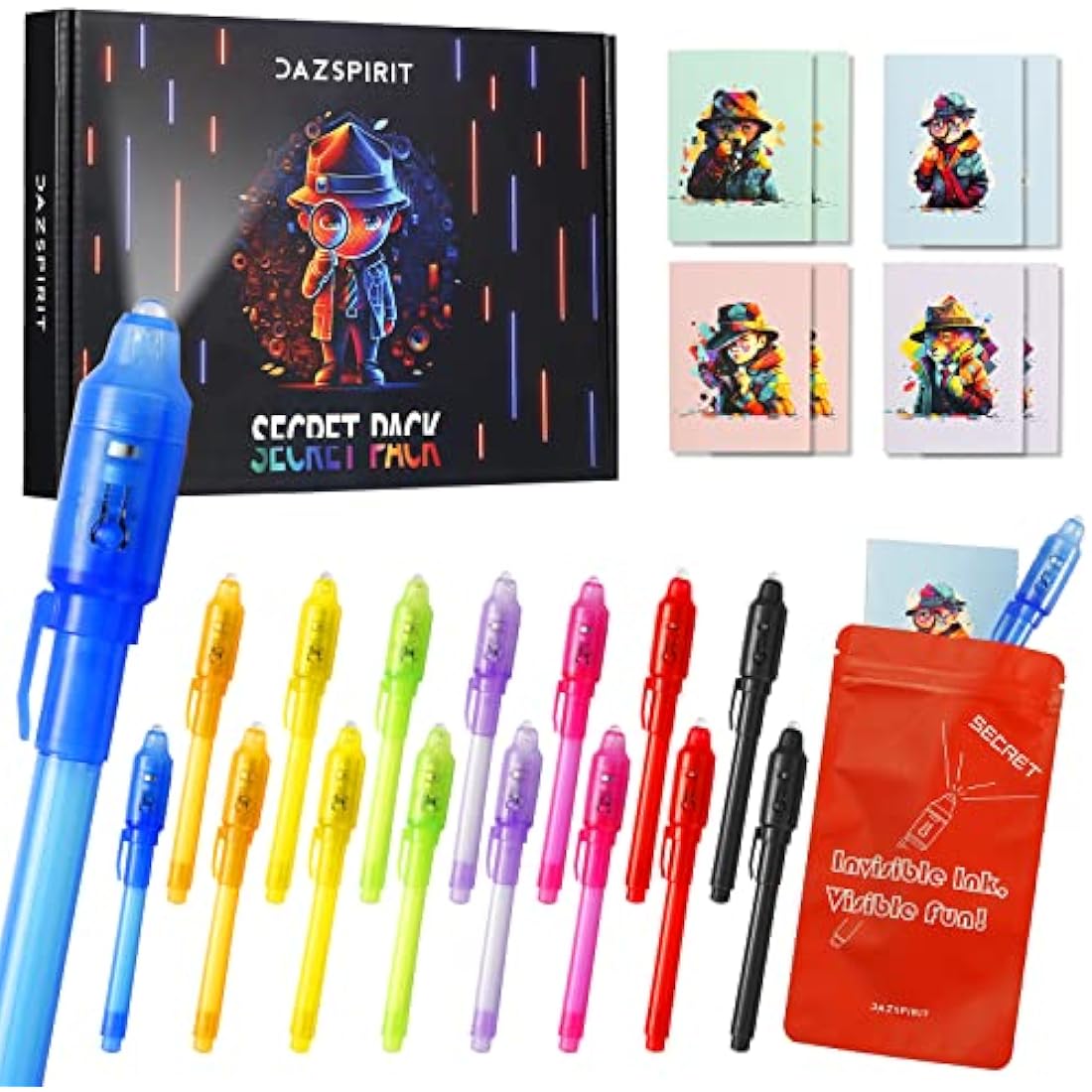 DazSpirit 16 Pack Invisible Ink Spy Pens with UV Light and Notebooks