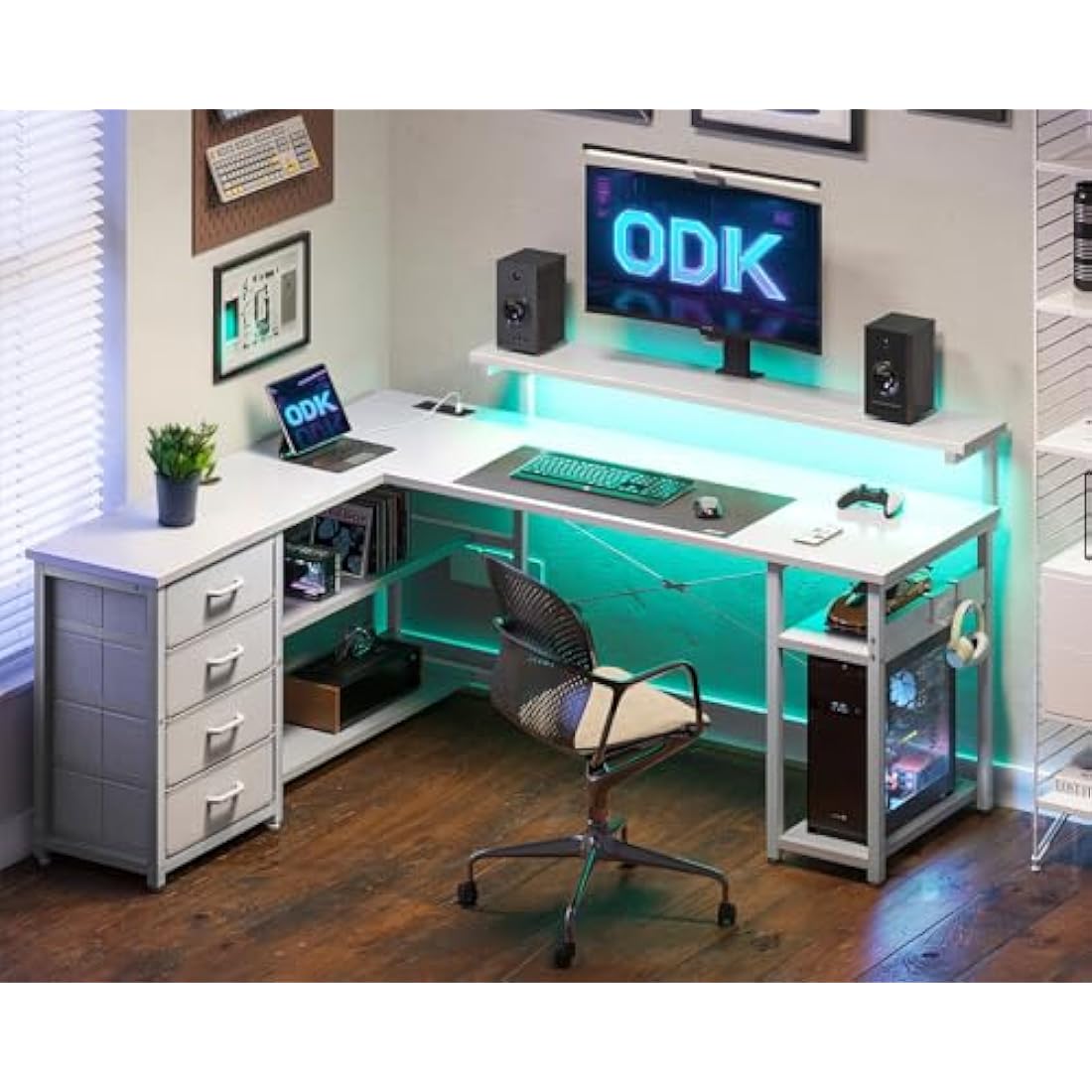 ODK L-Shaped Corner Gaming Desk with LED Lights, Drawers & Power Outlets