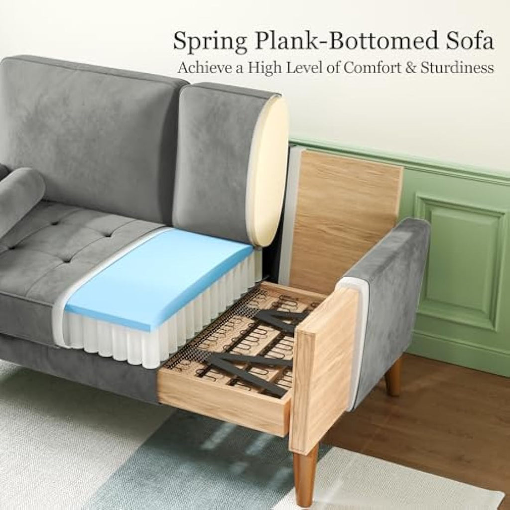 Vesgantti 2 Seater Grey Velvet Sofa – Modern Loveseat with Wood Legs