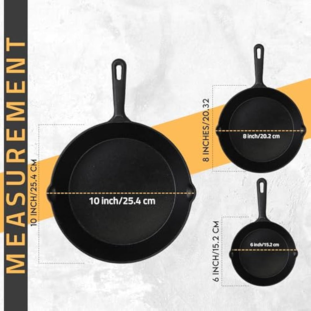 KICHLY Pre-Seasoned Cast Iron Skillet Set - 6, 8, 10 Inch Frying Pans