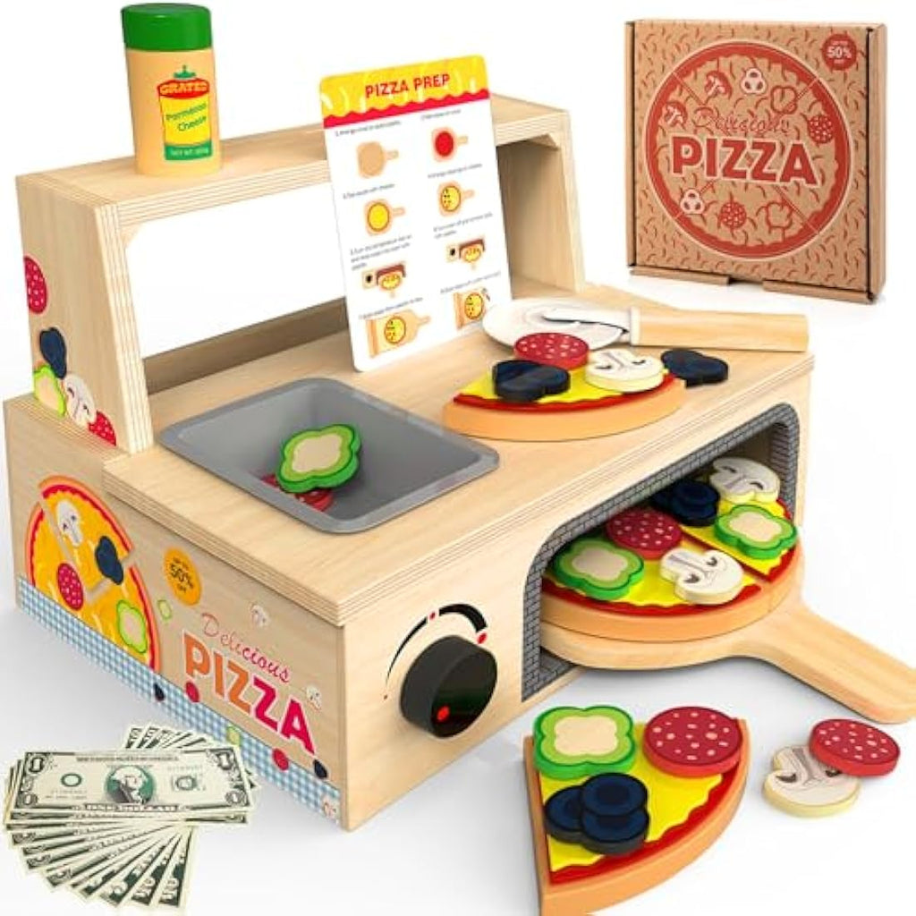 Wooden Pizza Counter Play Set – 49 Piece Pretend Kitchen Toy