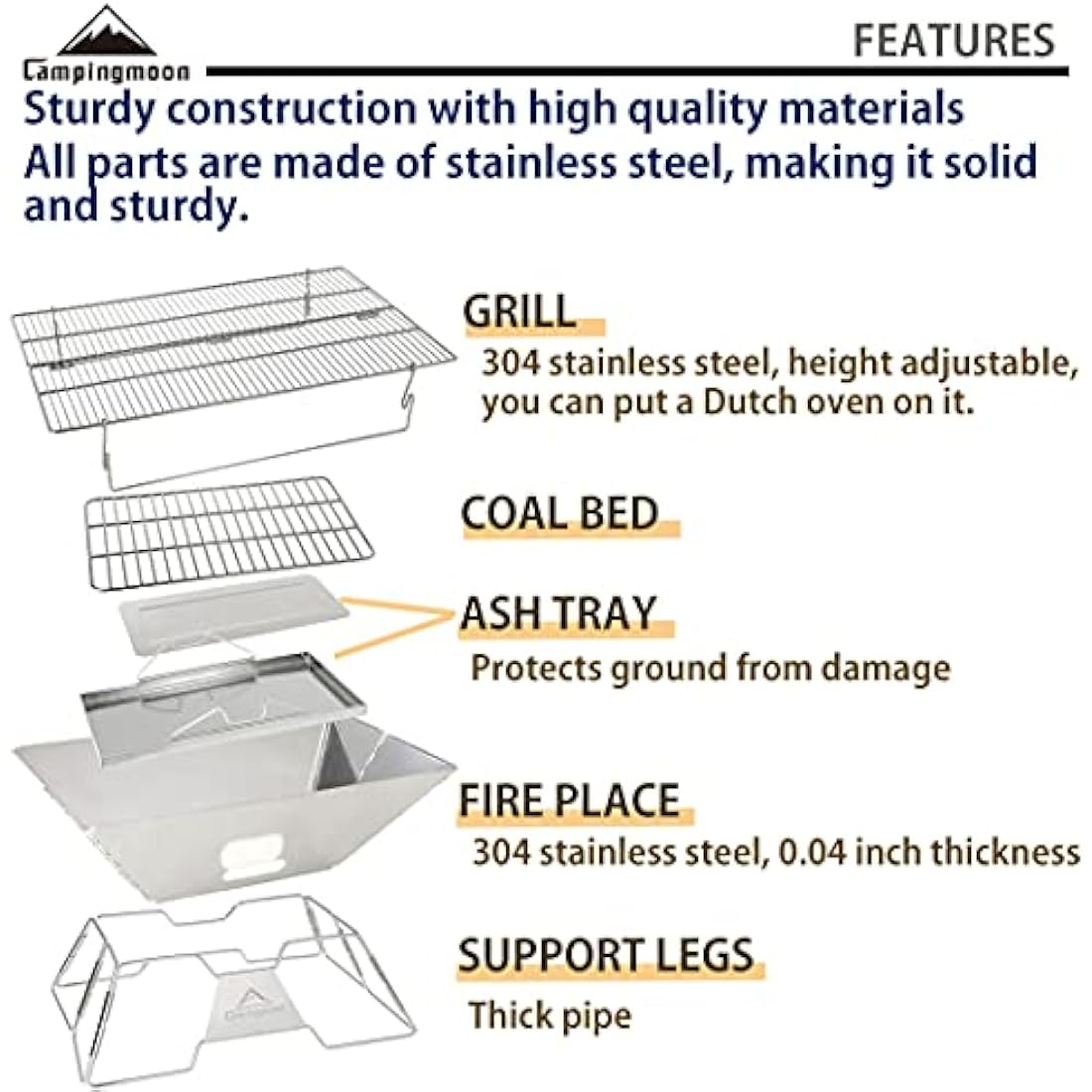 CAMPINGMOON Portable Stainless Steel Fire Pit & Foldable BBQ Grill MT-3