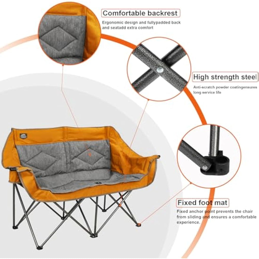 LANMOUNTAIN Folding Camping Loveseat – Heavy Duty Double Chair, Orange