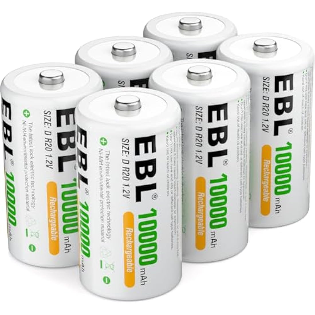 EBL D Cell Rechargeable Batteries | 10000mAh NiMH 6-Pack with Case