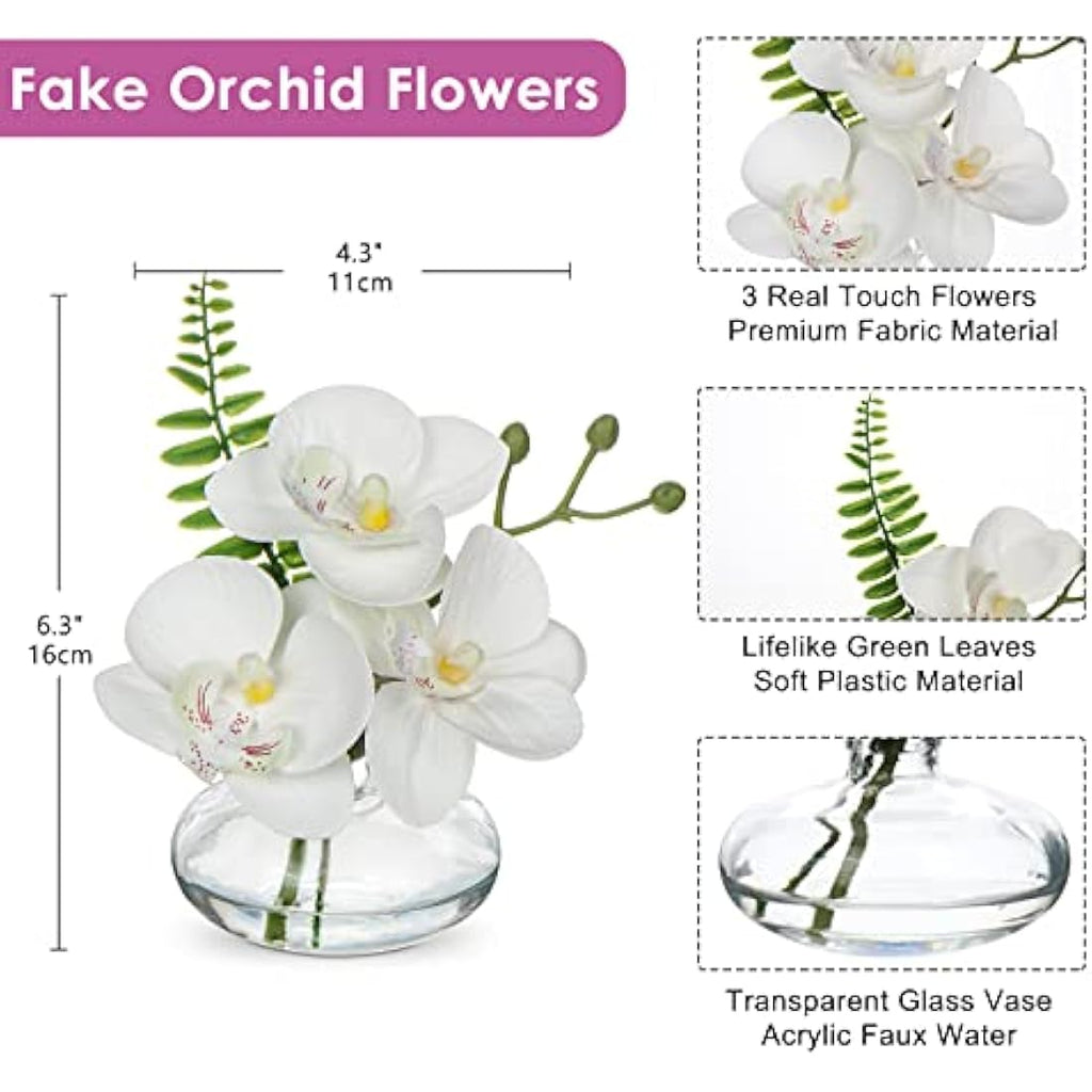 Briful Set of 3 White Artificial Orchids in Glass Vase | Real Touch Faux