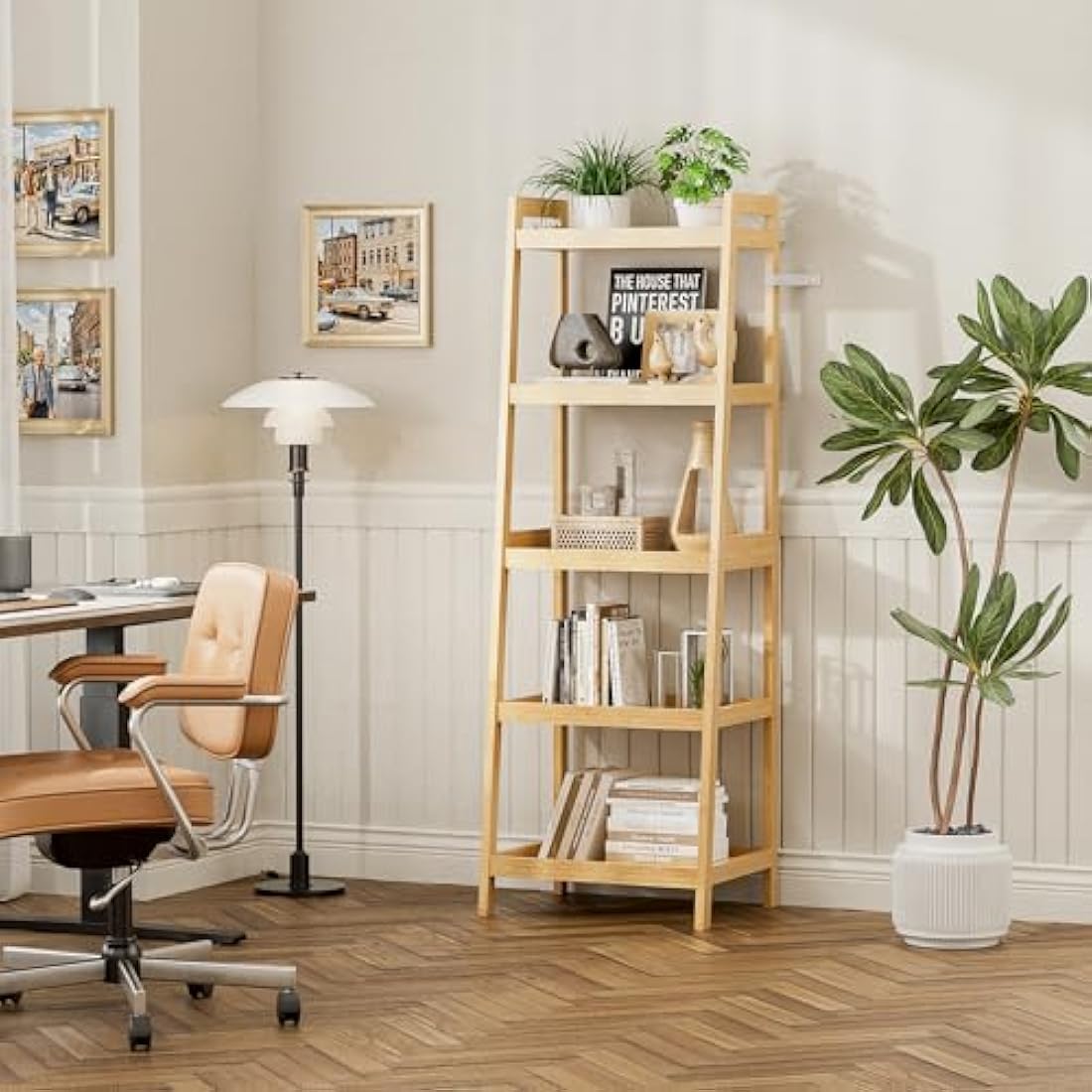5-Tier Bamboo Ladder Bookshelf – Tall Narrow Display Rack