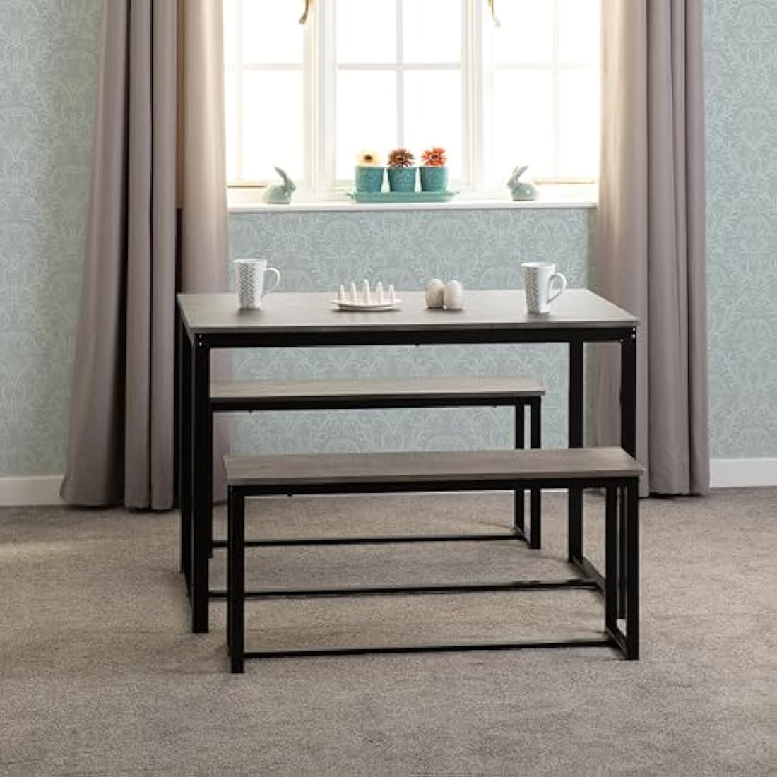 Seconique Lincoln 3 Piece Dining Bench Set | Stone Effect & Black