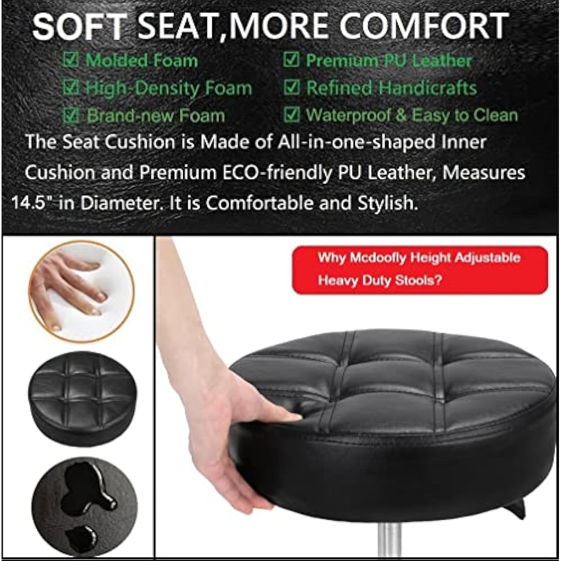 McDooFly Heavy Duty Rolling Stool – Adjustable Swivel Shop Chair, Black