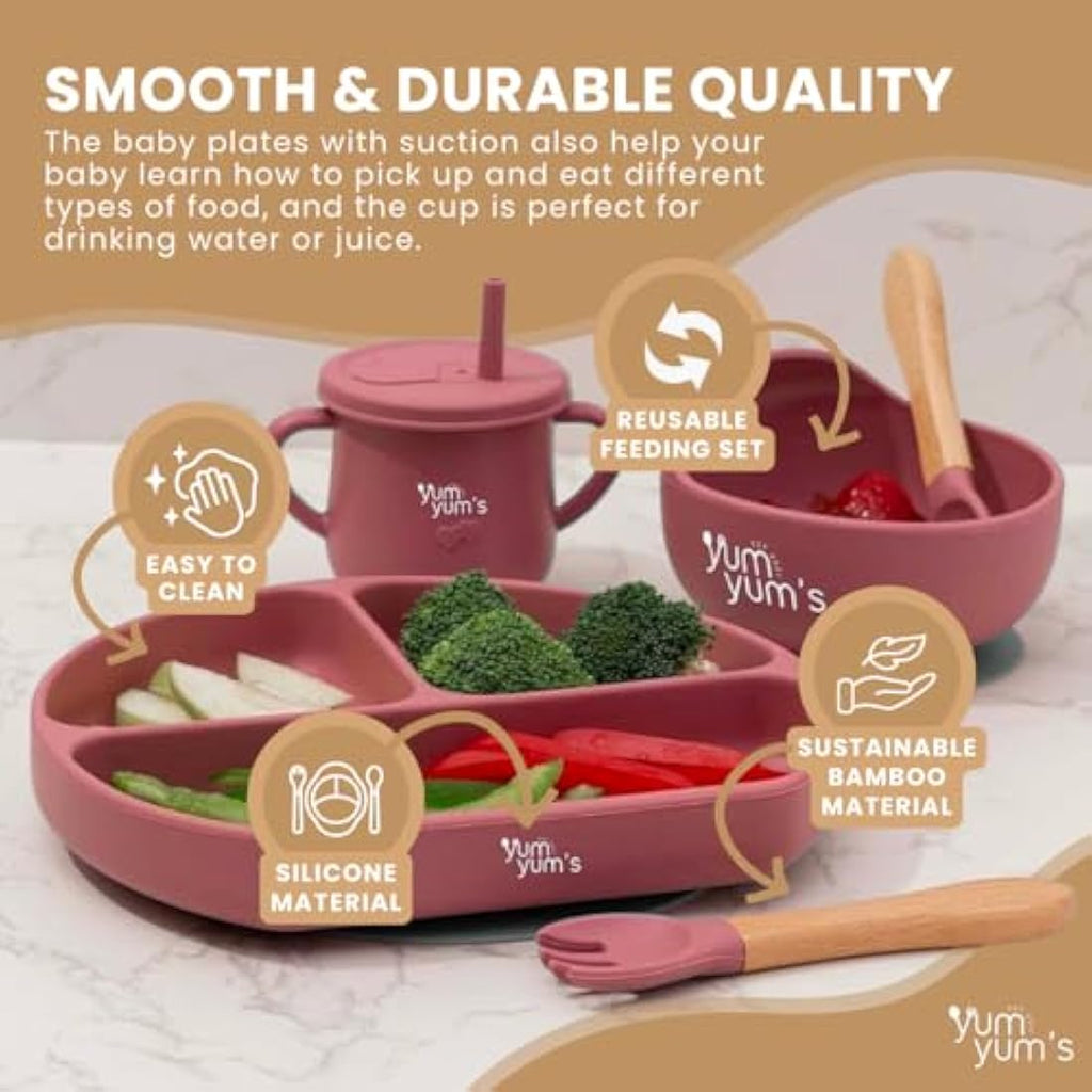Yum Yum's Baby 10-Piece Silicone Weaning Set | Suction Plate & Bib - Pink