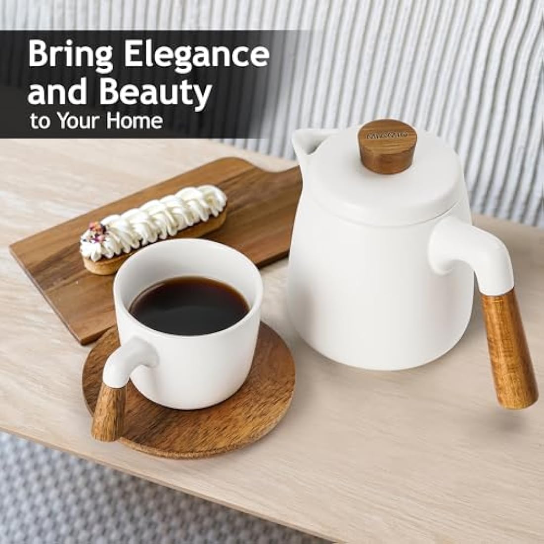 MIAMIO Ceramic Tea Pot Set with Infuser, 4 Mugs and Bamboo Saucers - White