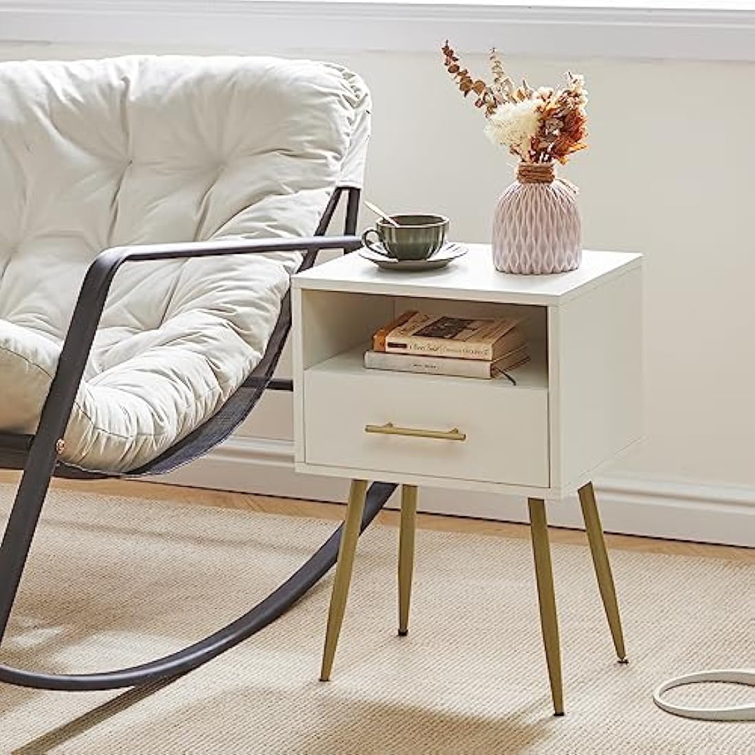 IBUYKE Mid-Century Modern Nightstand | 2-Tier White Bedside Table