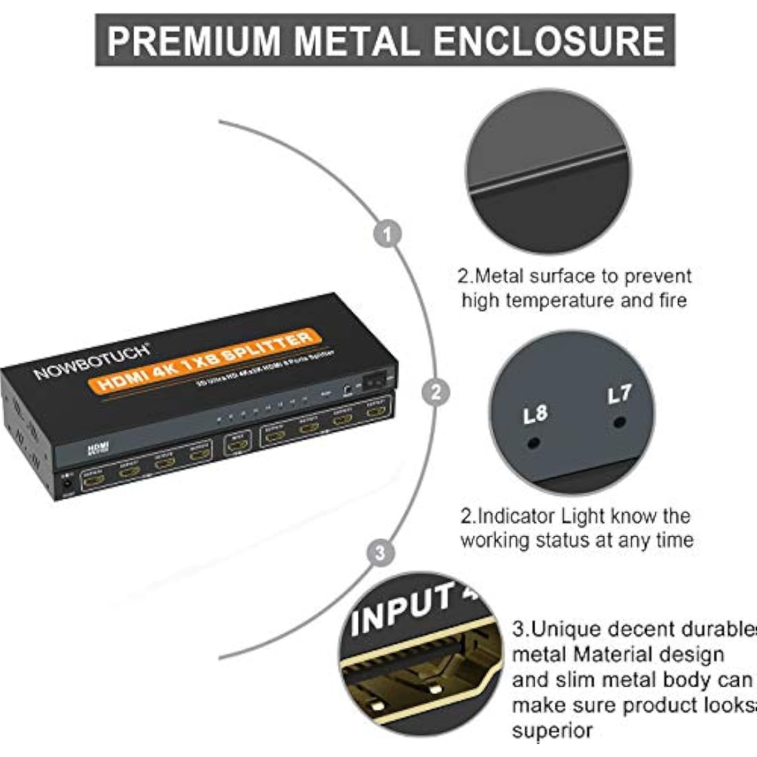 NOWBOTUCH 1x8 HDMI Splitter – 4K 1080P 1 in 8 Out Powered Metal Switch