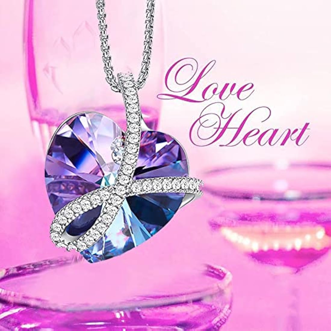Preserved Purple Rose Moss Bear with Heart Crystal Necklace