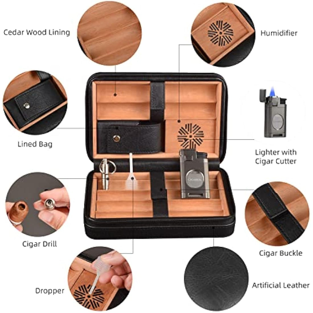 6-Finger Leather Cigar Travel Humidor with Lighter & Cedar Wood