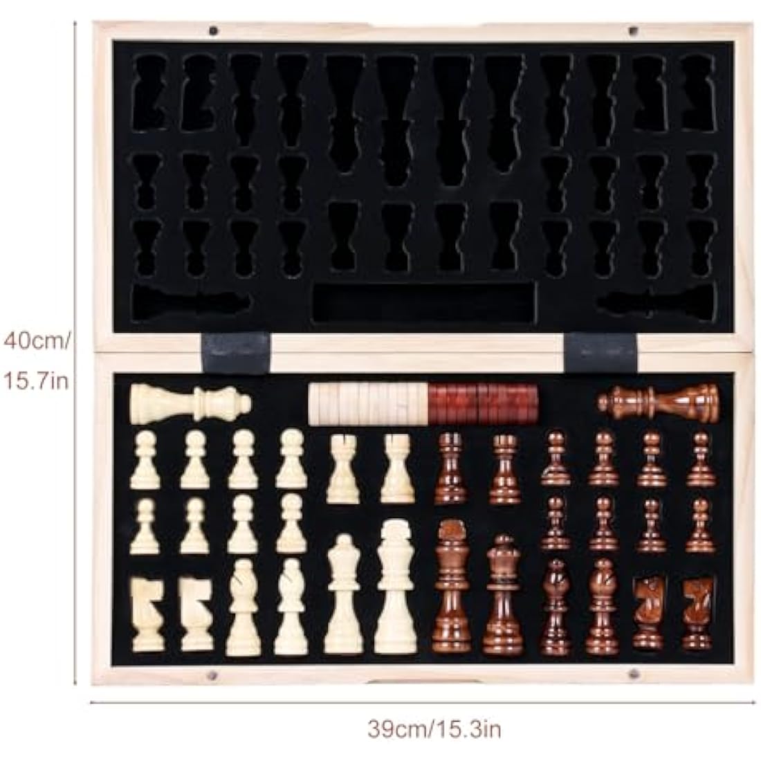 Magnetic Wooden Chess & Checkers Set – 15.74" Foldable Board