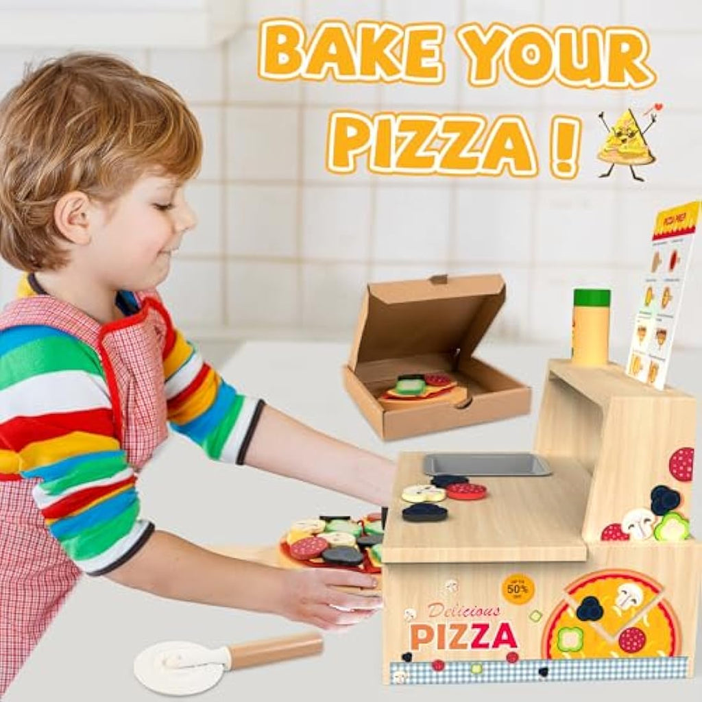 Wooden Pizza Counter Play Set – 49 Piece Pretend Kitchen Toy