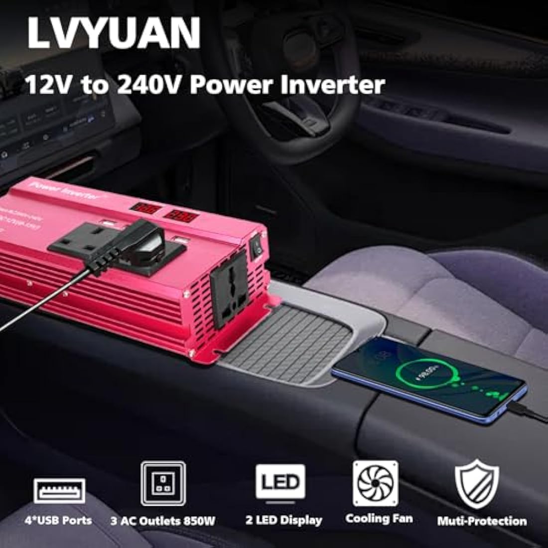 LVYUAN 850W Power Inverter 12V to 240V AC Car Converter with 4 USB