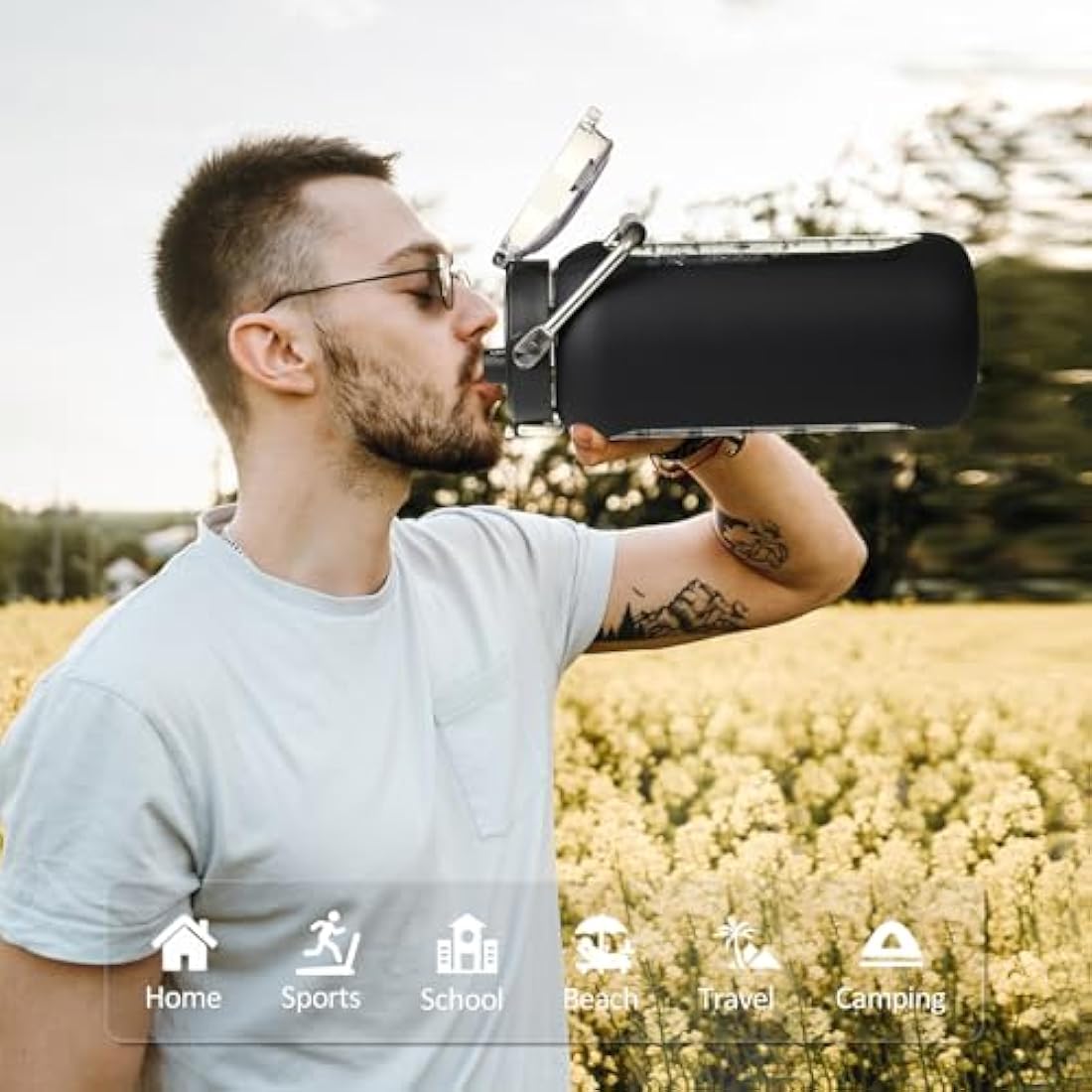 BLUEGO 2L Glass Water Bottle with Time Marker and Silicone Sleeve – Black