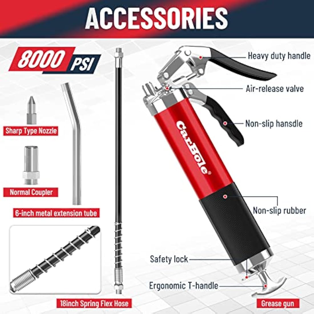 CarBole Heavy Duty 8000 PSI Grease Gun | Pistol Grip with 18" Flex Hose