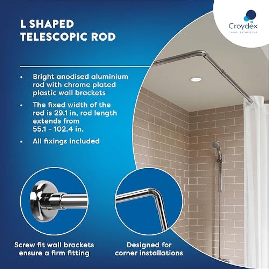 Croydex L-Shaped Telescopic Shower Curtain Rail - Chrome 1400-2600mm