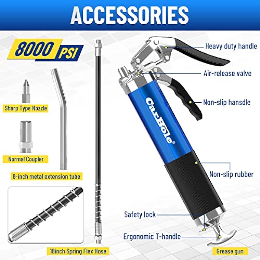 CarBole Heavy Duty 8000 PSI Pistol Grip Grease Gun with 18" Flex Hose