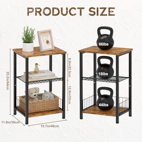 iDavosic.ly Industrial 3-Tier Side Table Set of 2 – Rustic Brown Nightstand