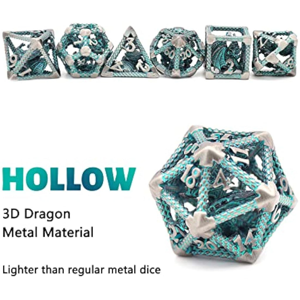 Hollow Metal Dragon D&D Dice Set | Silver Blue Polyhedral