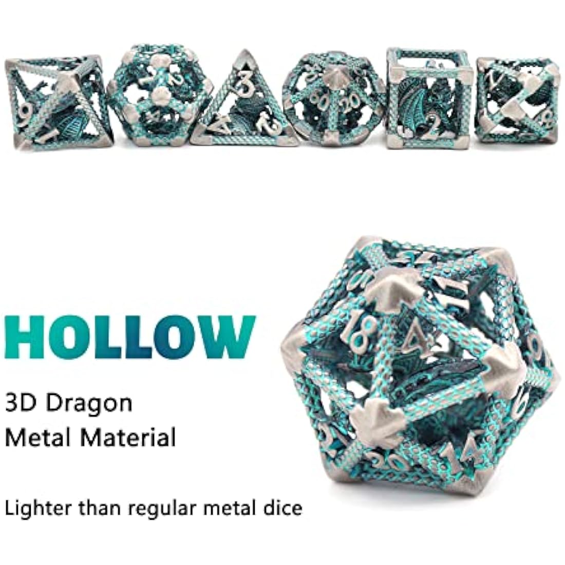 Hollow Metal Dragon D&D Dice Set | Silver Blue Polyhedral