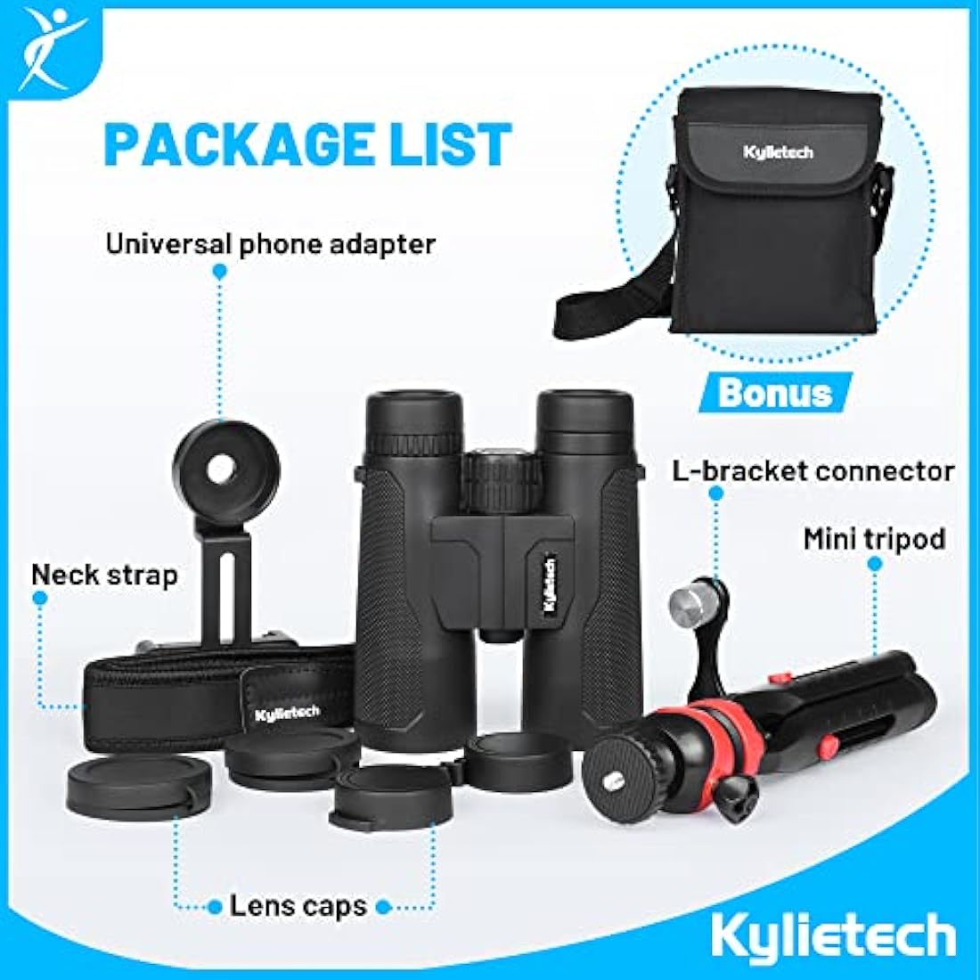Kylietech 12x42 Waterproof Binoculars with Tripod & Phone Adapter