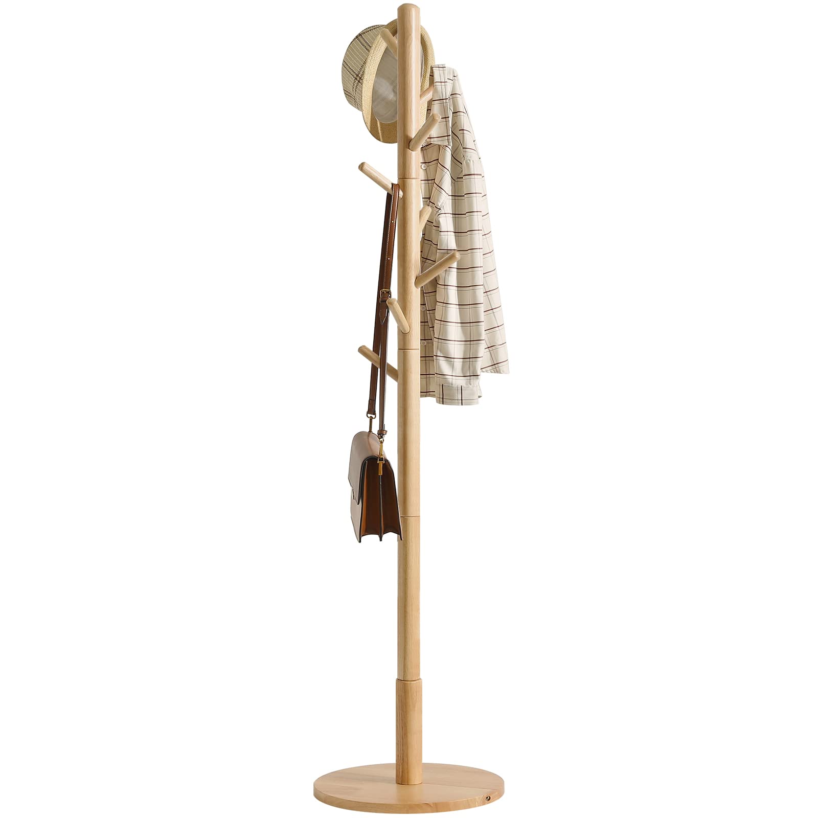 IBUYKE Solid Wood Coat Tree | 8-Hook Free Standing Rack with Round Base