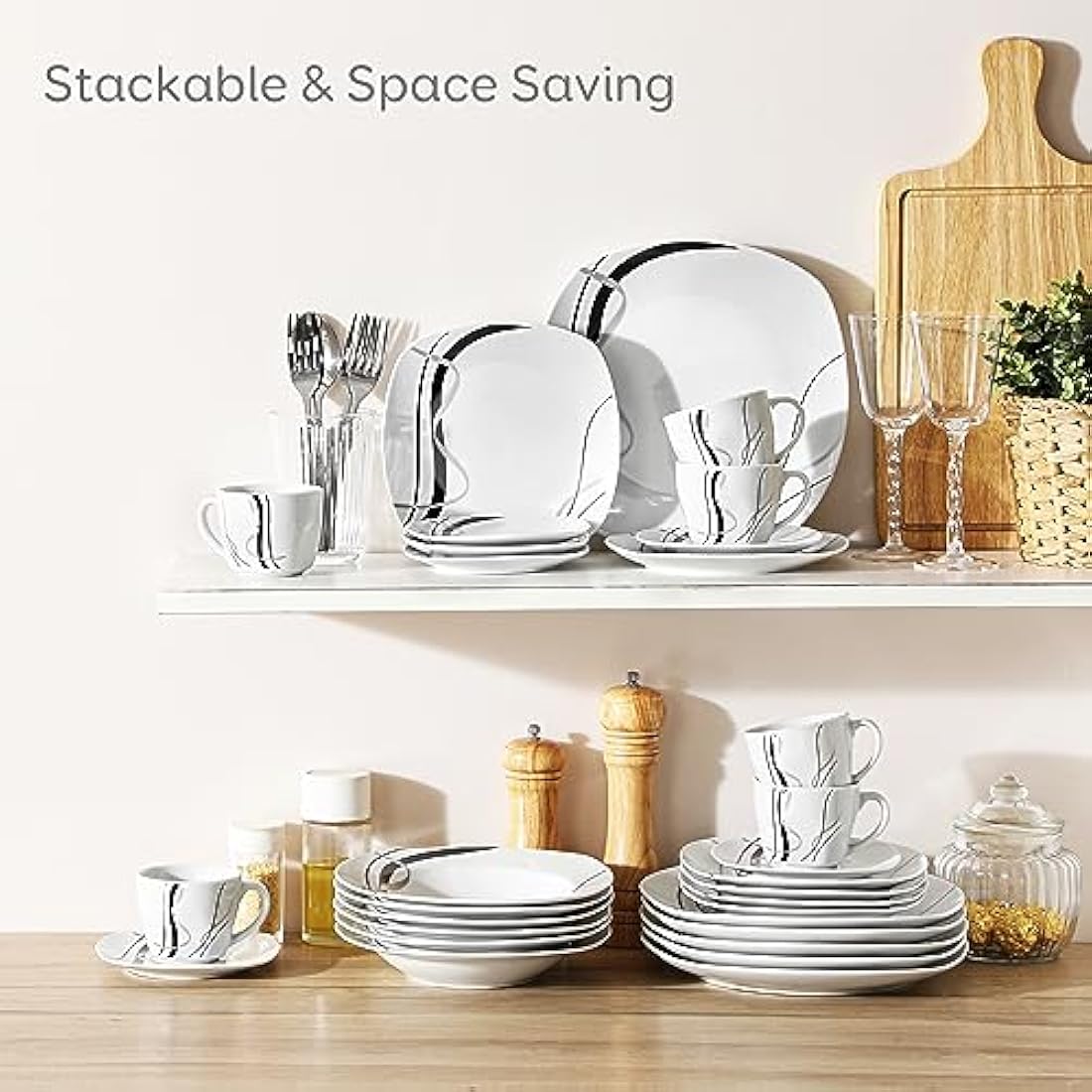 VEWEET Fiona 30-Piece Porcelain Dinnerware Set | Ivory White Service for 6